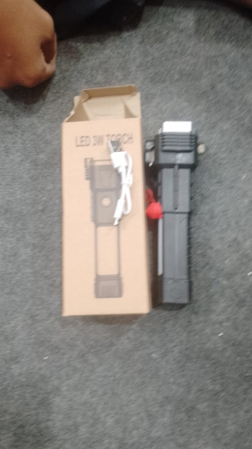 High-Power LED Torch Light – Rechargeable Flashlight with Tactical Hammer & Power Bank With Box, Random color